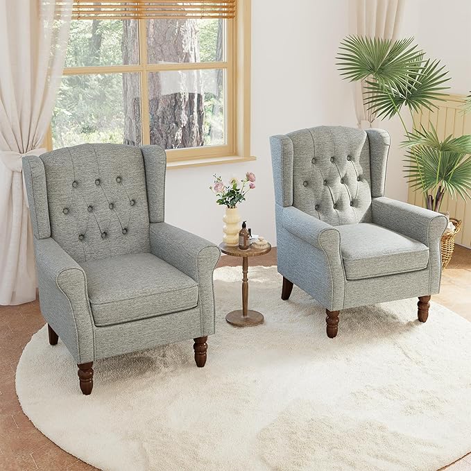 Lumibee High Back Accent Chair Set of 2,Upholstered Wingback Armchair with Solid Wood Legs for Small Spaces,Comfy Single Sofa Chair for Living Room,Bedroom,Office-Light Gray