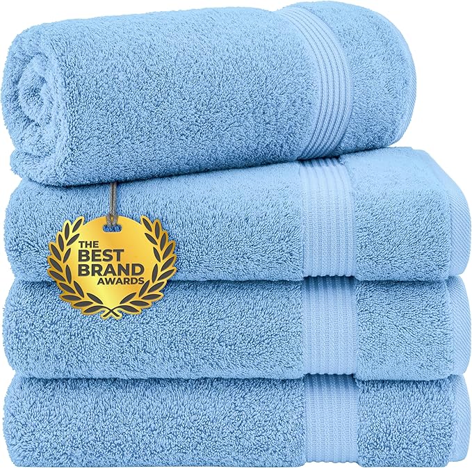 Cotton Paradise 4 Piece Turkish Bath Towels for Bathroom, 100% Cotton Extra Large Soft Plush Towels Bathroom Set, Sky Blue