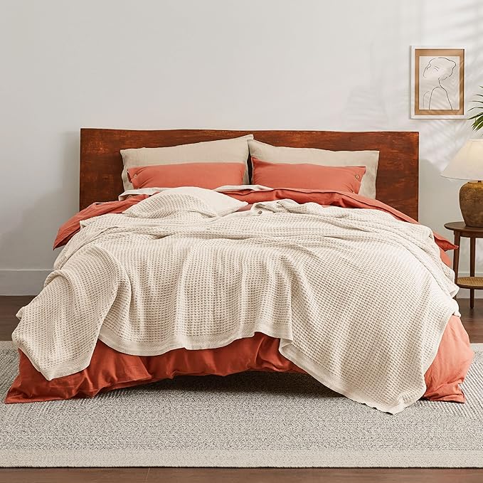 Bedsure Gentlesoft 100% Cotton Blanket Queen Size for Bed - Breathable and Soft, Thick Cozy Waffle Weave Christmas Blanket Gift for Women, Yellowish Cream, 90x90 Inches