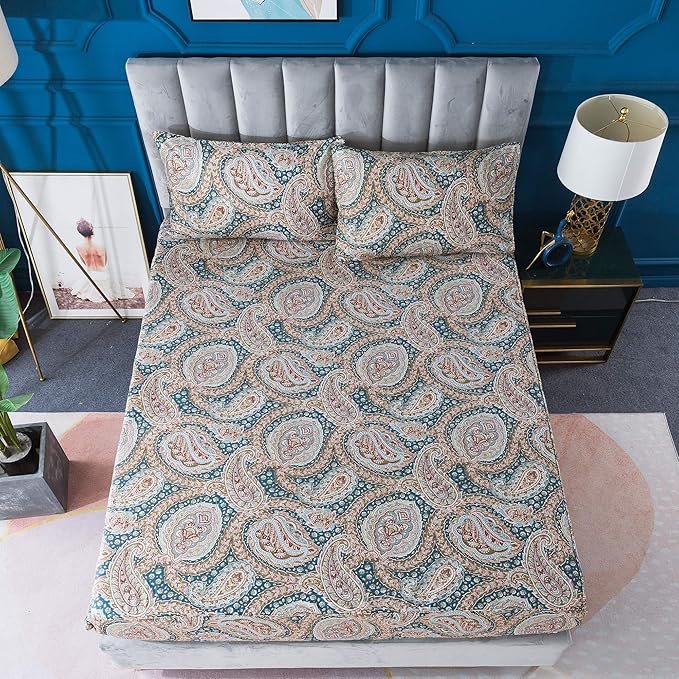 FADFAY Luxury Paisley Sheets Set Full Classy Blue and Gold Floral Farmhouse Bedding Elegent Blue Paisley Bedding Set 100% Cotton Super Soft Hypoallergenic Deep Pocket Fitted Sheet 4-Pieces, Full Size