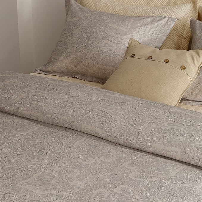 HeimenAogo Egyptian Cotton Duvet Cover Queen Size Sateen Weave, Silky Soft Boho Duvet Cover Zipper Closure, Long Staple Cotton Bed Linen Boteh Damask Medallion Paisley 3Pcs