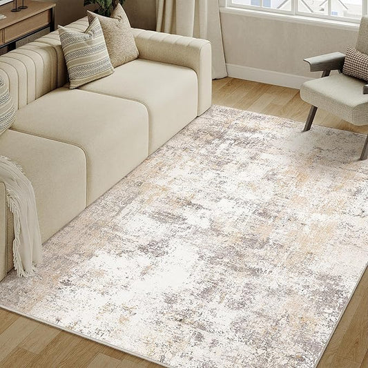 4x6 Washable Area Rug Beige Grey Abstract Entryway Office Throw Rug Neutral Modern Non Slip Soft Low Pile Indoor Carpet for Living Room Bedroom Kitchen Entrance