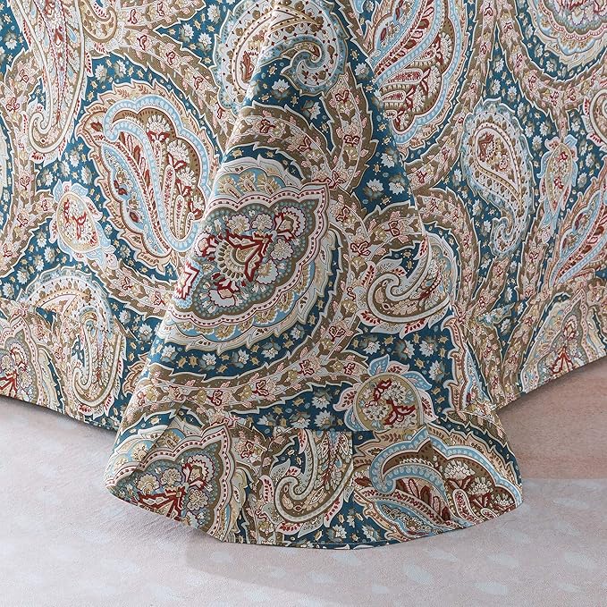 FADFAY Luxury Paisley Sheets Set Queen Classy Blue and Gold Floral Farmhouse Bedding Elegent Blue Paisley Bedding Set 100% Cotton Super Soft Hypoallergenic Deep Pocket Fitted Sheet 4Pcs, Queen Size