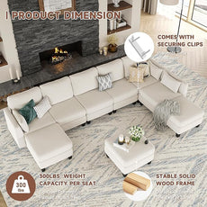 Modular Sectional Sofa, Convertible U Shaped Sofa Couch with High Density Memory Foam, Modern U Shaped Sectional Sofa, 6 Seat Comfy Modular Sofa Couch for Living Room, Beige