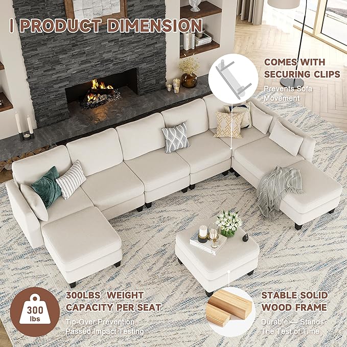 Modular Sectional Sofa, Convertible U Shaped Sofa Couch with High Density Memory Foam, Modern U Shaped Sectional Sofa, 6 Seat Comfy Modular Sofa Couch for Living Room, Beige