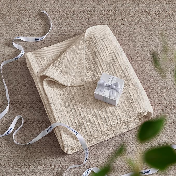 Bedsure Gentlesoft 100% Cotton Blanket King Size for Bed - Breathable and Soft, Thick Cozy Waffle Weave Christmas Blanket Gift for Women, Light Beige, 104x90 inches