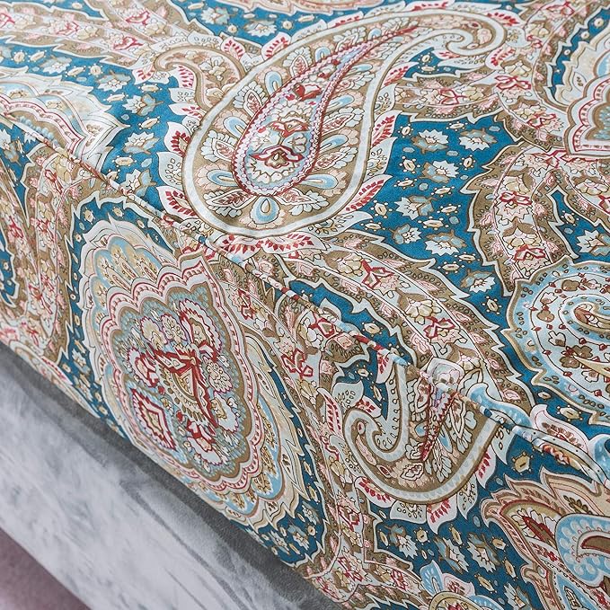 FADFAY Luxury Paisley Sheets Set Queen Classy Blue and Gold Floral Farmhouse Bedding Elegent Blue Paisley Bedding Set 100% Cotton Super Soft Hypoallergenic Deep Pocket Fitted Sheet 4Pcs, Queen Size