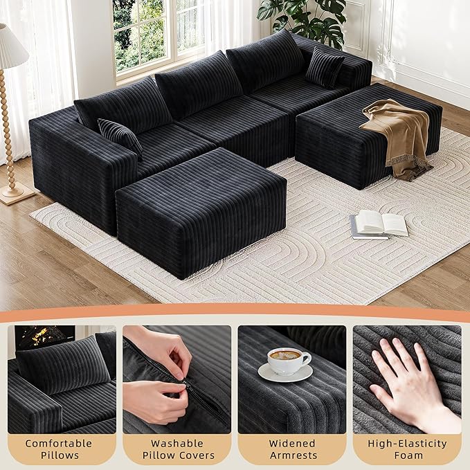 110" Cloud Couch Sectional for Living Room U-Shape Boneless Couches Modular Sectional Sofa with Deep Seat with Chaise,No Assembly Required, Carbon Black(Plush Corduroy Fabric)