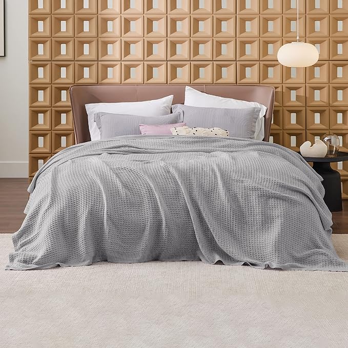 Bedsure Gentlesoft 100% Cotton Blanket Queen Size for Bed - Breathable and Soft, Thick Cozy Waffle Weave Christmas Blanket Gift for Women, Grey, 90x90 Inches