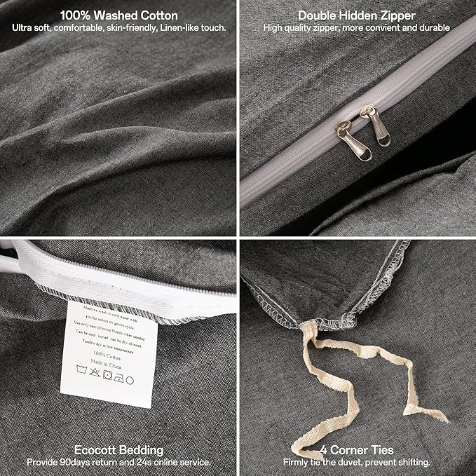 ECOCOTT 100% Washed Cotton Duvet Cover Super King Size – Soft & Breathable Linen Feel Bedding Set, 3 Pieces Grey Comforter Cover with Zipper Closure for All Seasons