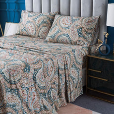 FADFAY Luxury Paisley Sheets Set Queen Classy Blue and Gold Floral Farmhouse Bedding Elegent Blue Paisley Bedding Set 100% Cotton Super Soft Hypoallergenic Deep Pocket Fitted Sheet 4Pcs, Queen Size