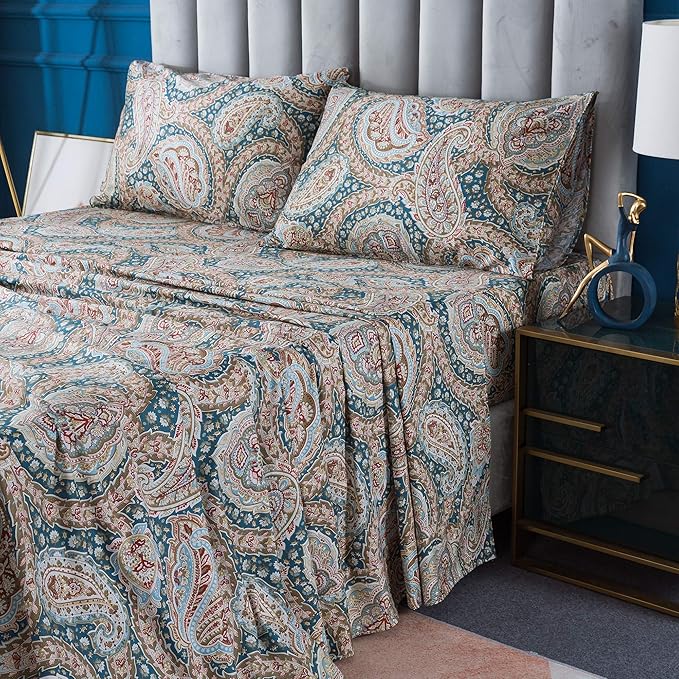 FADFAY Luxury Paisley Sheets Set Queen Classy Blue and Gold Floral Farmhouse Bedding Elegent Blue Paisley Bedding Set 100% Cotton Super Soft Hypoallergenic Deep Pocket Fitted Sheet 4Pcs, Queen Size