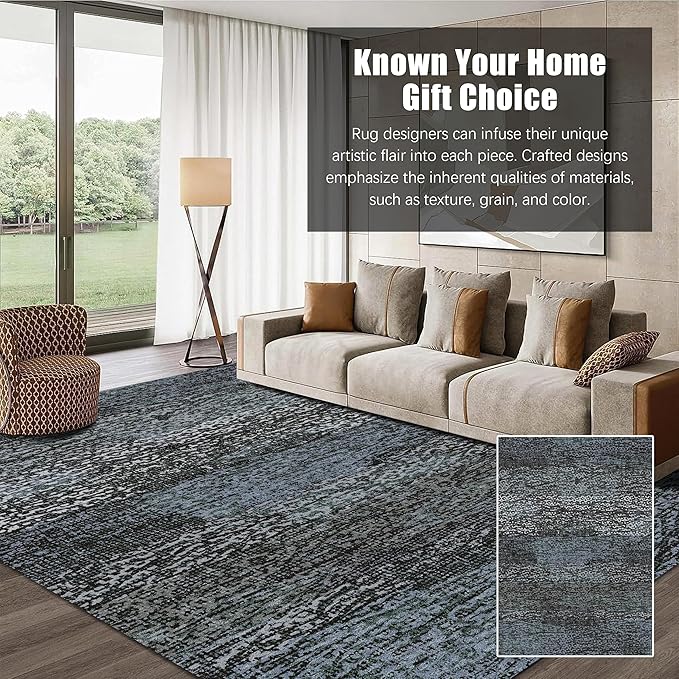 RUGSURE Washable Area Rug - 1/6 Thick - Stain & Water Resistant Non-Slip - Resistant Rug for Living Room, Bedroom, Nursery, Pet & Child Friendly, Vintage Charm Area Rugs (Darkgrey+Bule, 6' x 9')