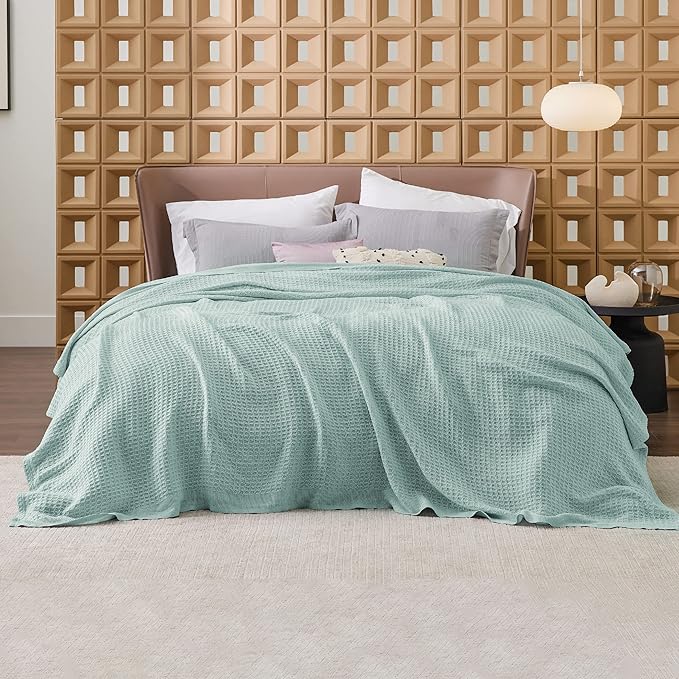 Bedsure Gentlesoft 100% Cotton Blanket King Size for Bed - Breathable and Soft, Thick Cozy Waffle Weave Christmas Blanket Gift for Women, Mint, 104x90 inches
