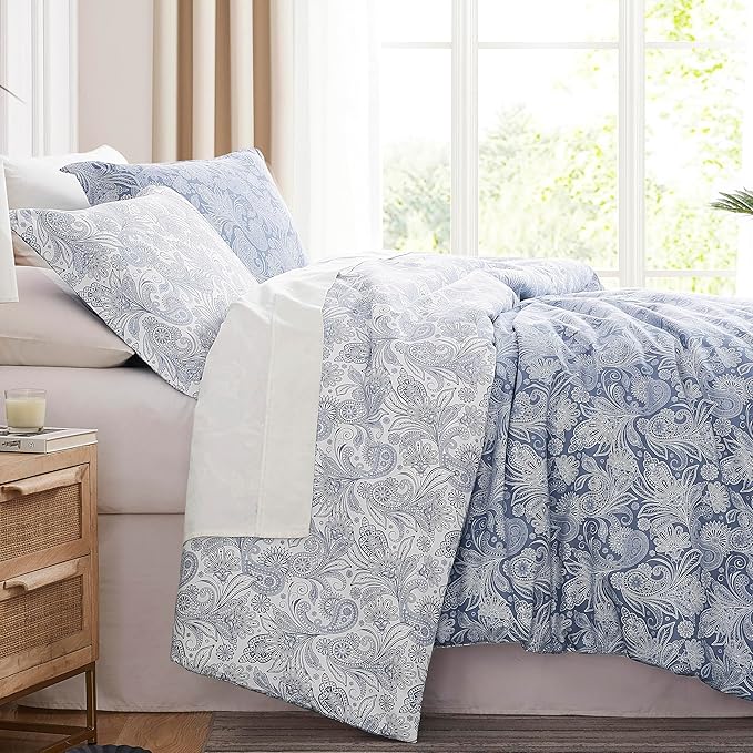 Southshore Fine Living, Inc. Reversible Boho Paisley Oversized Duvet Cover Set, Full/Queen – Cozy Queen Size Bedding Set, Includes 1 Duvet Cover and 2 Pillow Shams, Stain-Resistant, Paisley Blue