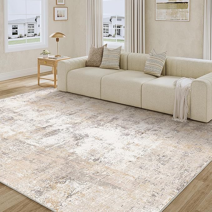 7x9 Washable Area Rug Beige Grey Abstract Living Room Bedroom Throw Rug Neutral Modern Non Slip Soft Low Pile Lightweight Indoor Carpet for Dining Room Office