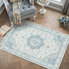Blue Area Rug 3x5 Washable Vintage Carpet for Entryway Office Soft Retro Kitchen Low Pile Thin Door Mat Non Slip Oriental Medallion Throw Rug for Bathroom Bedroom Dining Living Room