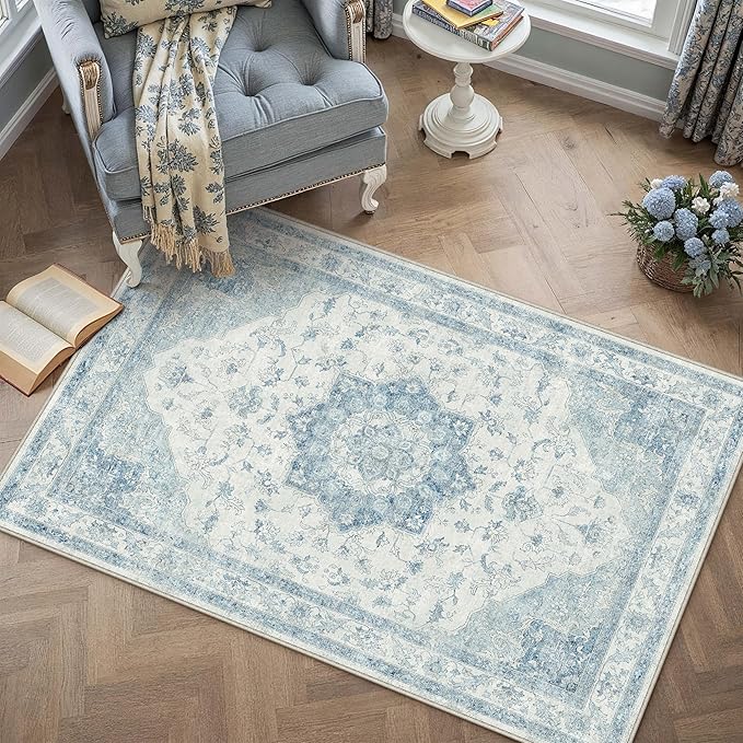 Blue Area Rug 3x5 Washable Vintage Carpet for Entryway Office Soft Retro Kitchen Low Pile Thin Door Mat Non Slip Oriental Medallion Throw Rug for Bathroom Bedroom Dining Living Room