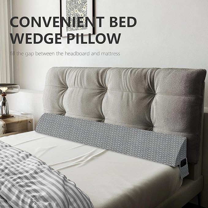 Bed Wedge Pillow for Headboard Gap Bed Mattress Gap Filler (0-8") Between Headboard/Wall and Mattress Grey Twin Size Foam Support Triangle Bloster Pillow Stoppers with 2 Pockets