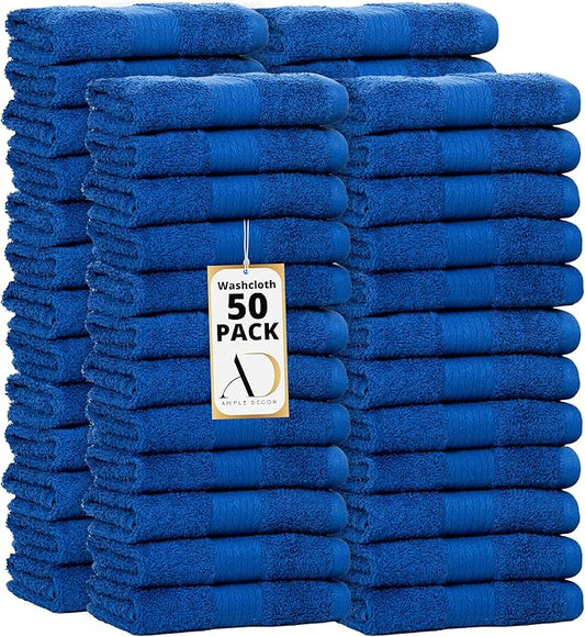 Ample Decor Wash Cloths Set of 50 12 X 12 Inch 100% Cotton 600 GSM, Soft Absorbent, Machine Washable Face Towels, Oeko Tex Certified Reusable Fingertip Towels for Bathroom, Hotel, Gym,Spa-Navy Blue