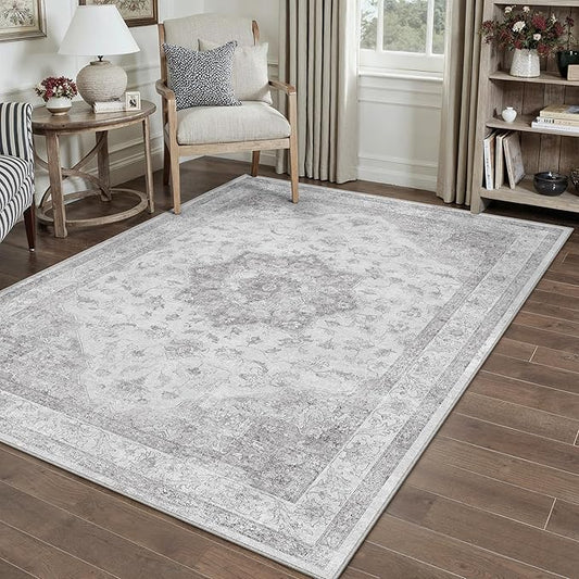 Gray Area Rug 4x5 Washable Vintage Carpet Entryway Office Soft Retro Kitchen Low Pile Thin Door Mat Non Slip Grey Oriental Medallion Throw Small Rug for Bathroom Bedroom Dining Living Room