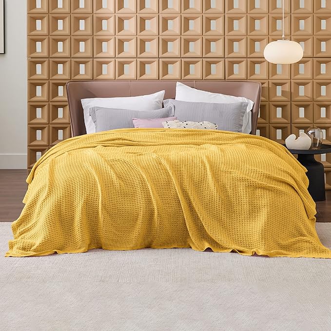 Bedsure Gentlesoft 100% Cotton Blanket King Size for Bed - Breathable and Soft, Thick Cozy Waffle Weave Christmas Blanket Gift for Women, Mustard Yellow, 104x90 inches
