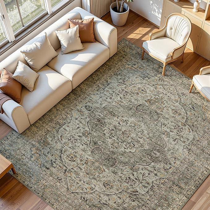 RCTJHOME 8'x10' Washable Area Rugs for Standard Sofa Living Room/Queen Bedroom, Ultra Soft Non-Slip Accent Large Carpet, Dining Room, Home Office, Low Pile Vintage Rug Distress Floral Forest Green
