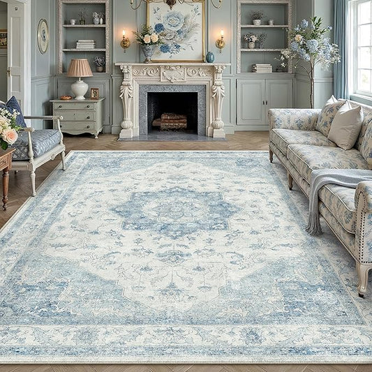 Blue Area Rug 8x10 Washable Vintage Carpet for Living Room Bedroom Large Soft Retro Low Pile Thin Indoor Rug Non Slip Oriental Medallion Floor Cover for Dining Room Office