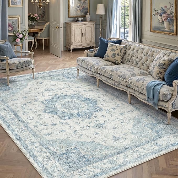 Blue Area Rug 5x7 Washable Vintage Carpet for Living Room Office Soft Retro Low Pile Thin Indoor Rug Non Slip Oriental Medallion Floor Cover for Bedroom Dining Room