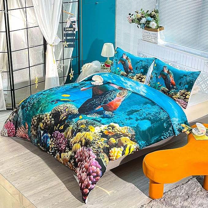 CVHOUSE Sea Turtle Bedding Set,Sea Turtle Comforter Queen,Ocean Beach Comforter Set for Boys Kids Girls,Ocean Quilt Set with 1 Comforter and 2 Pillow Cases