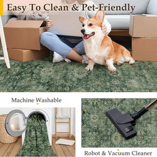 2x8 Washable Runner Rug for Kitchen Hallway Green Vintage Non-Slip Low Pile Distressed Rustic Carpet Lightweight Vacuumable Soft Long Throw Rug for Entryway Bedroom