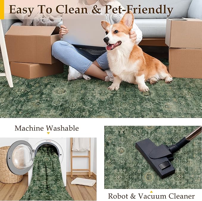 6x9 Washable Area Rug for Living Room Bedroom Green Vintage Distressed Rustic Carpet Non-Slip Low Pile Lightweight Vacuumable Soft Throw Rug for Indoor Dining Room Office