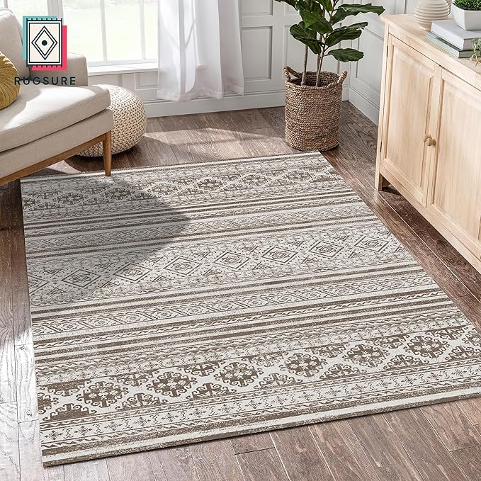 RUGSURE Washable Area Rugs 9' x 12' - 1/6 Thick - Moroccan-Inspired -Stain & Water Resistant Non-Slip - Resistant Rug for Living Room, Bedroom, Nursery, Pet & Child Friendly (Brown)