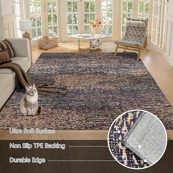 RUGSURE Washable Area Rug - 1/6 Thick - Stain & Water Resistant Non-Slip - Resistant Rug for Living Room, Bedroom, Nursery, Pet & Child Friendly, Vintage Charm Area Rugs (Rust, 4' x 6')