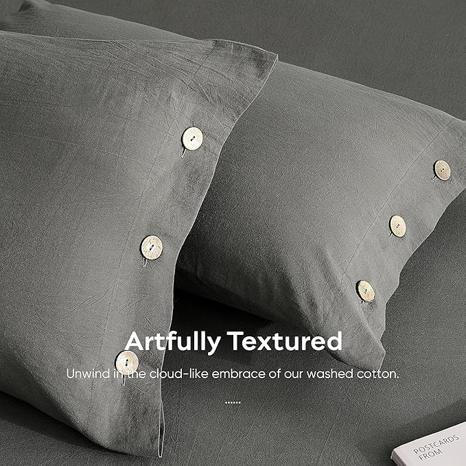 JELLYMONI 100% Washed Cotton King Pillowcases Set, 2 Pack Linen-Like Texture Breathable Pillow Covers with Button Closure,Deep Grey King 20"×36"(Pillows are not Included)