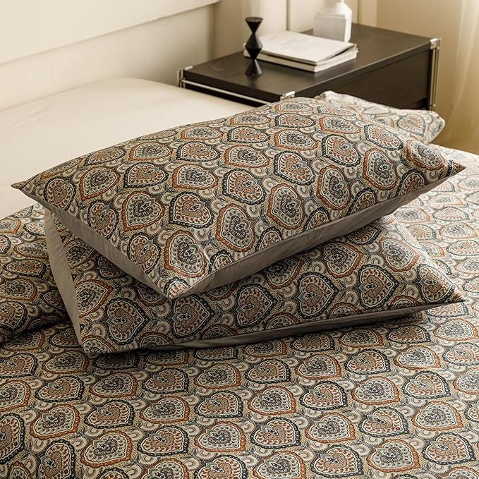 HeimenAogo Egyptian Cotton Duvet Cover Queen Size Sateen Weave, Silky Soft Duvet Cover with Zipper Closure, Long Staple Cotton Bed Linen Bohemian Damask Medallion 3 Pcs