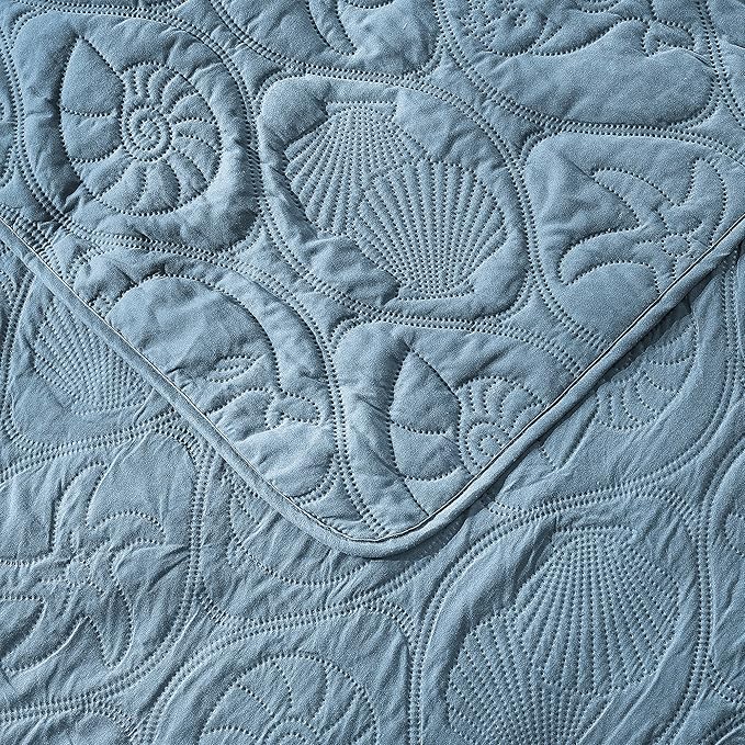 Pure Bedding Quilt Set Full/Queen Size Ash Blue - Oversized Bedspread - Soft Microfiber Coverlet for All Season - Includes 1 Quilt and 2 Shams, Ocean Star Pattern