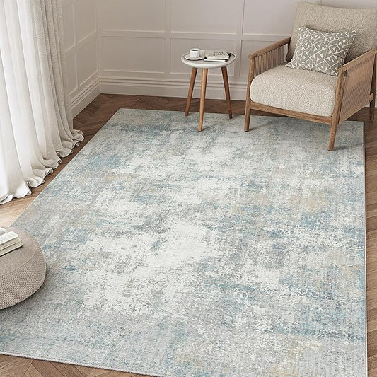 4x5 Washable Area Rug Blue Cream Abstract Entryway Office Throw Rug Neutral Modern Non Slip Soft Low Pile Lightweight Carpet for Kitchen Living Room Bedroom Entrance