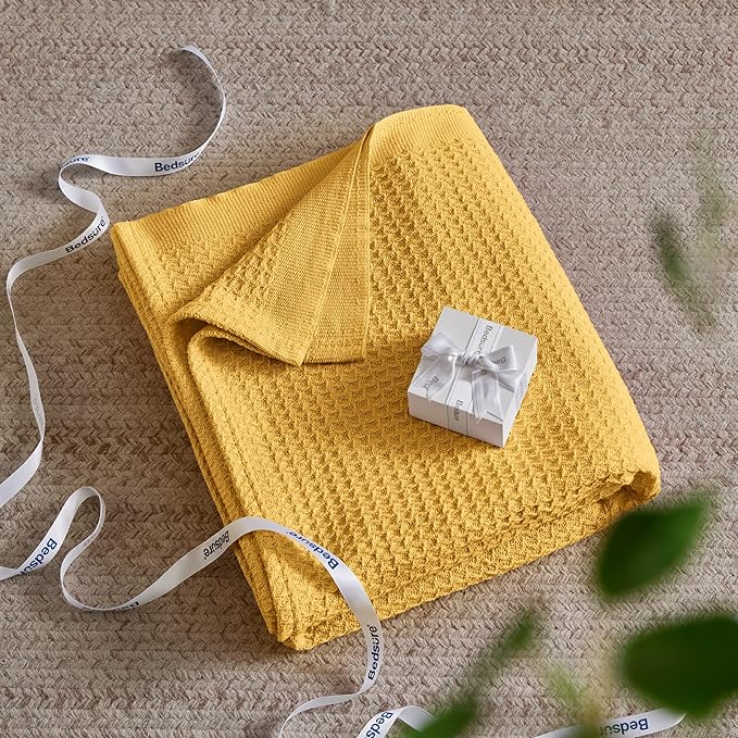 Bedsure Gentlesoft 100% Cotton Blanket King Size for Bed - Breathable and Soft, Thick Cozy Waffle Weave Christmas Blanket Gift for Women, Mustard Yellow, 104x90 inches