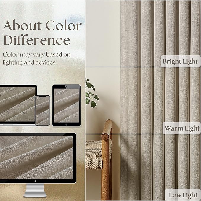 Burlywood Birch Pinch Pleated Linen Curtains 2 Panels for Living Room Bedroom Memory Training Shaped Semi Sheer Pleat Drapes with Hooks Rings Light Filtering Window Curtain 40x92
