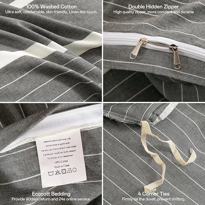 ECOCOTT Grey Striped Duvet Cover Oversized King Size, 100% Washed Cotton 3-Piece Bedding Set - Ultra Soft, Breathable & Easy Care with Zipper Closure and 2 Pillowcases, No Comforter