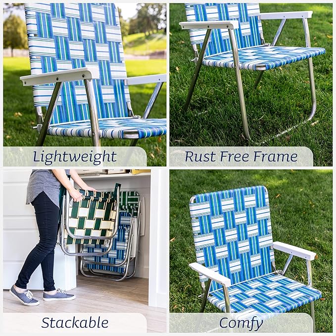 Lawn Chair USA Folding Aluminum Outdoor Patio Lawn Chair | Heavy-Duty Webbed Chairs for Camping, Sports, Beach, Yard & Tailgating | Lightweight Portable | Magnum - Green and White with White Arms