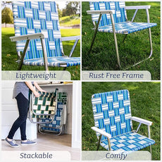 Lawn Chair USA Folding Aluminum Outdoor Patio Lawn Chair | Heavy-Duty Webbed Chairs for Camping, Sports, Beach, Yard & Tailgating | Lightweight Portable | Magnum - Blue and White with White Arms