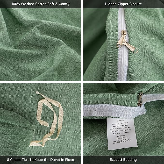 ECOCOTT Sage Green Duvet Cover Queen Size, 3 Piece 100% Washed Cotton 1 Duvet Cover with Zipper and 2 Pillowcases, Ultra Soft and Easy Care Breathable Cozy Bedding Set(Sage Green, Queen)