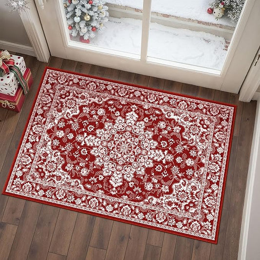 Christmas 2x3 Area Rug Red Xmas Floral Entryway Doormat Washable Non Slip Soft Low Pile Lightweight Neutral Mat for Living Room Bedroom Dining Room Bathroom