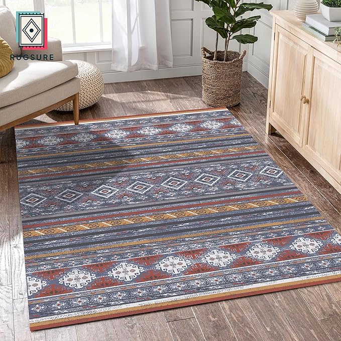 RUGSURE Washable Area Rugs 8' x 10' - 1/6 Thick - Moroccan-Inspired -Stain & Water Resistant Non-Slip - Resistant Rug for Living Room, Bedroom, Nursery, Pet & Child Friendly (Blue and Red)
