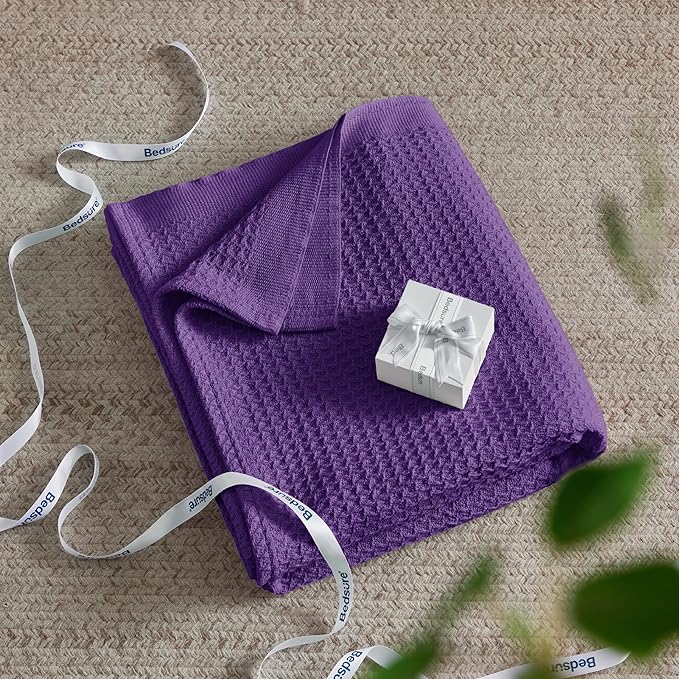 Bedsure Gentlesoft 100% Cotton Large Throw Blanket for Couch 50x70 inches - Breathable and Soft, Waffle Weave Throw Blanket for Office, Purple