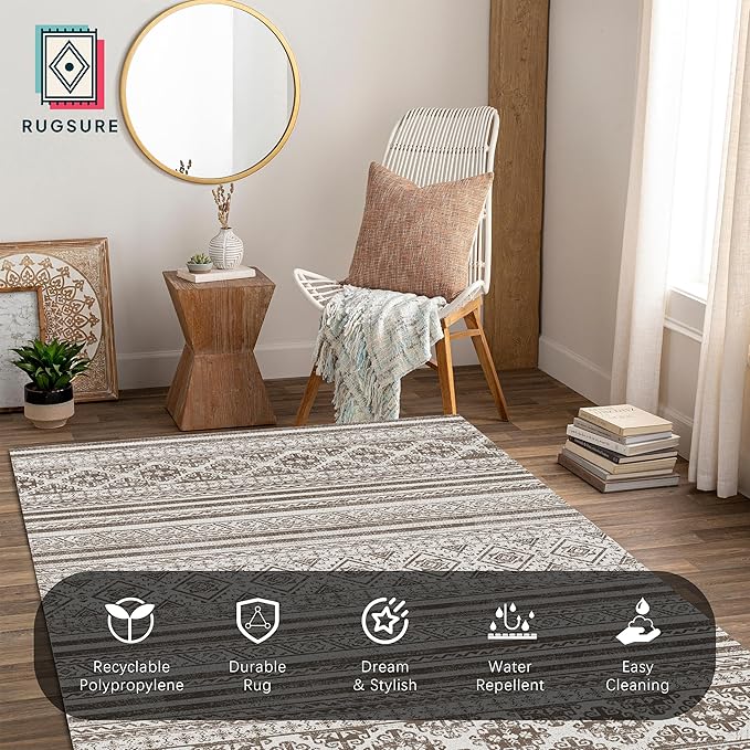 RUGSURE Washable Area Rugs 9' x 12' - 1/6 Thick - Moroccan-Inspired -Stain & Water Resistant Non-Slip - Resistant Rug for Living Room, Bedroom, Nursery, Pet & Child Friendly (Brown)
