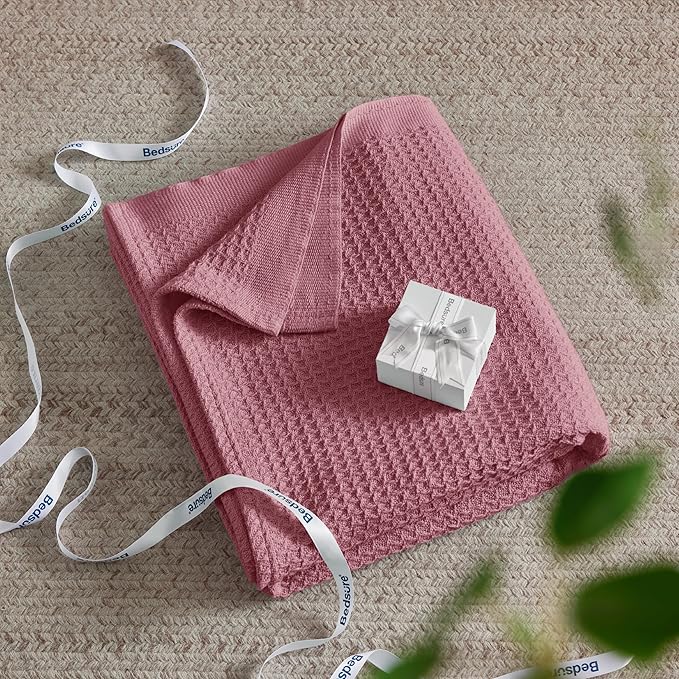 Bedsure Gentlesoft 100% Cotton Blanket Twin XL Size for College Dorm - Breathable and Soft, Waffle Weave Twin Blanket for Summer, Dorm Room Essentials, Dusty Rose, 66x90 inches