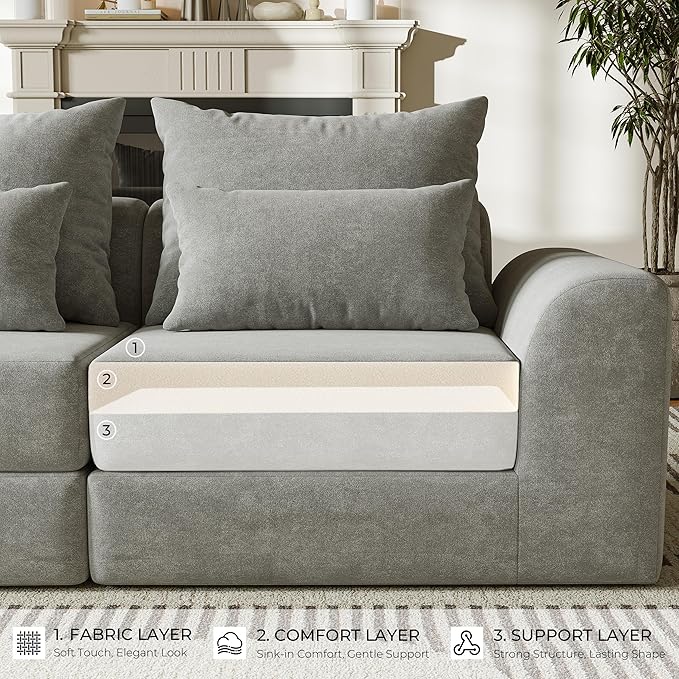 Modular loveseat with Ottoman, L-Shape Boneless Couch, Customizable Sectional Couch, Free Combination Design Sleeper Sofa, Stone Echo